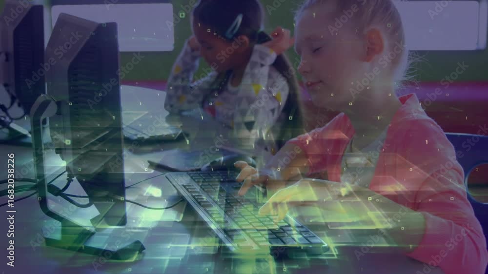Poster girl pressing keys in lab activating green grid overlay for coding and peer adjusting headphones