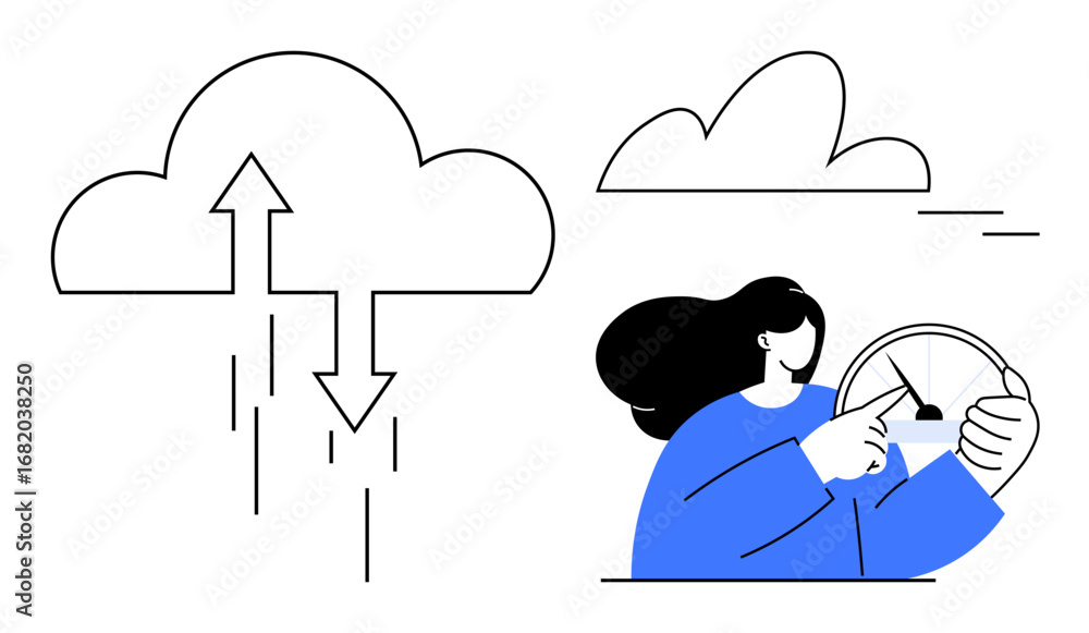 Poster cloud icon with arrows for data transfer and a person controlling a gauge. ideal for cloud computing