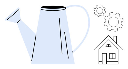 Watering can symbolizing growth, gears representing ideas and functionality, and a house outline suggesting home. Ideal for self-growth, innovation, productivity, home improvement, sustainability