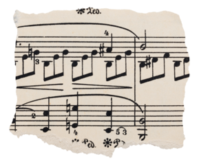 Piece of old music sheet, vintage faded ripped paper with notes isolated for scrapbooking