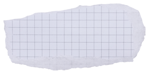 Piece of white ripped checkered diary page with black grid, isolated paper element with copy space