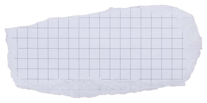 Piece of white ripped checkered diary page with black grid, isolated paper element with copy space