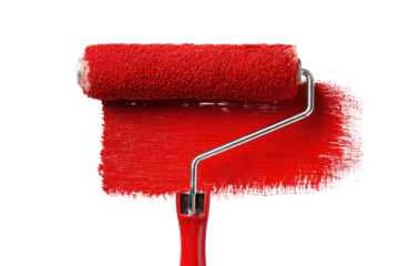 Red paint roller applicator leaving a stripe of crimson paint