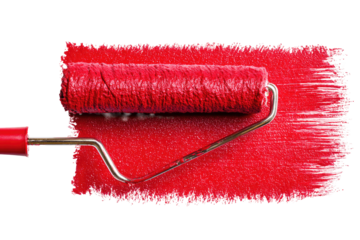 Red paint roller on a painted surface.  A red paint roller rests on a painted surface, showing red paint on both the roller and the surface. The metal handle and roller attachment are visible