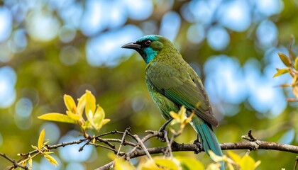 Green and blue bird perched on branch