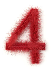 Fototapeta premium A close up of the number four made of red feathers against a plain white background in soft lighting