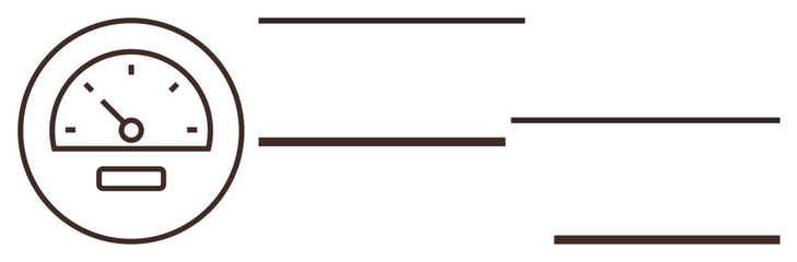 Analog speedometer with needle at midpoint and blank display, alongside horizontal lines denoting progress, movement, or metrics. Ideal for performance, speed, analytics, efficiency, evaluation