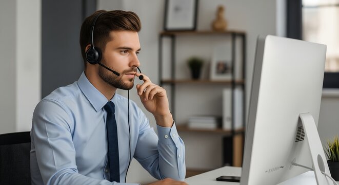 Businessman wearing headset working on computer, customer service support agent, online helpdesk