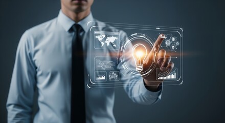 Businessperson interacting with a futuristic holographic interface showing a lightbulb, symbolizing innovation and new ideas