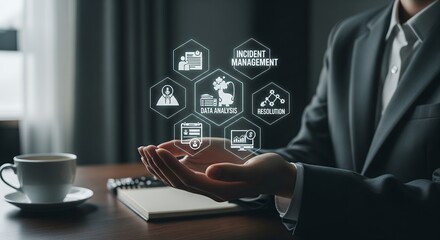 Businessperson holding holographic data analysis and incident management interface