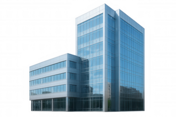 Glass skyscraper reflecting cloudless blue sky, showcasing contemporary architectural design against transparent backdrop for urban visualization