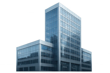 Obraz premium Modern glass office building reflecting city skyline, isolated on transparent background, perfect for architectural visualization and urban design projects