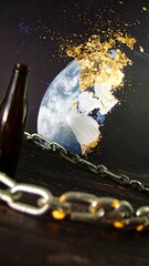 Earth chained, gold debris, dark backdrop