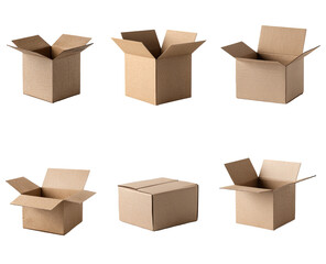 Fototapeta premium Six open cardboard boxes arranged in a two-row grid. The boxes are light brown and show varying degrees of openness