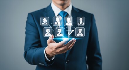 Businessperson Selecting Candidate from Digital Interface, HR, Recruitment, Hiring, Employee Selection, Talent Acquisition,  