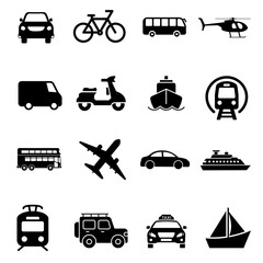 transportation icons set, set of vehicals, car, bus train, boat, ship, bike, cycle, helicopter, airplane, taxi, van, pickup © NadeAnamta
