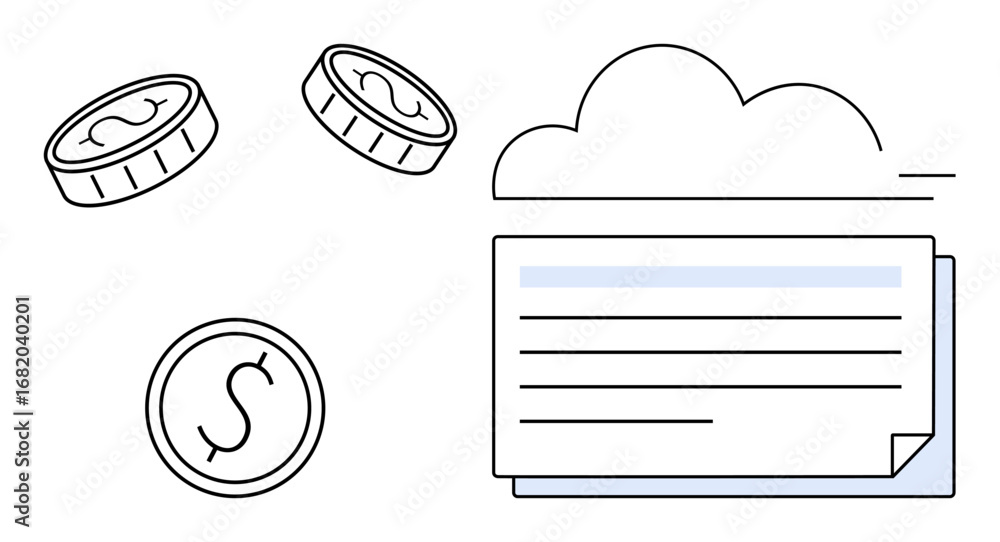 Aufkleber coins float near a cloud and document with lines symbolizing organized finances and data storage. id