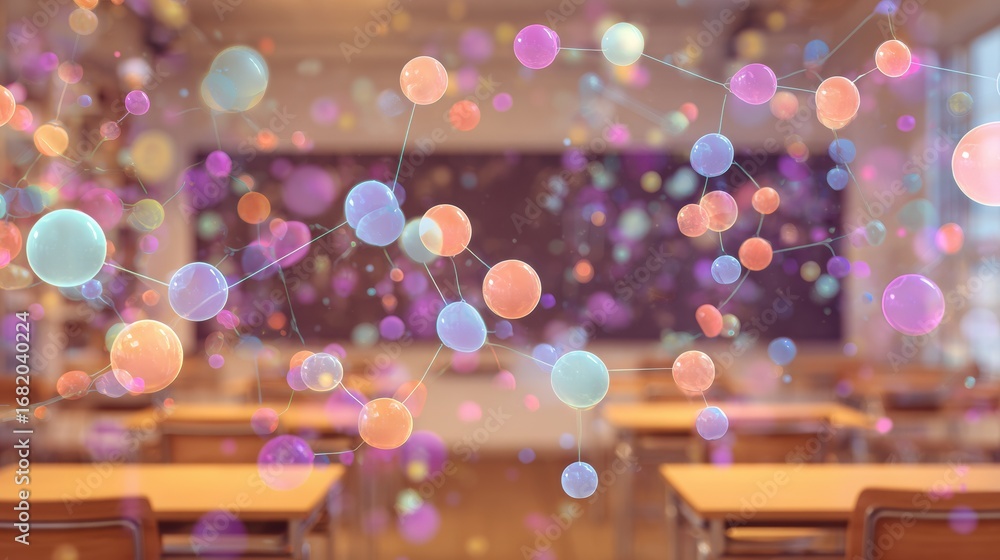 Poster bright, colorful molecular structures float above empty desks in a classroom, creating an inspiring 