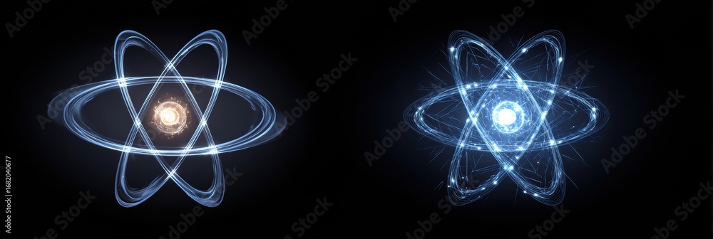 Poster abstract visual of two atomic models showing electron paths around a nucleus, highlighting chemistry