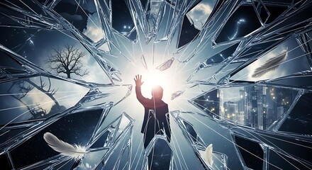 A silhouette reaches towards a bright light, breaking through shattered glass that reflects different realities like a barren tree and a cityscape.
