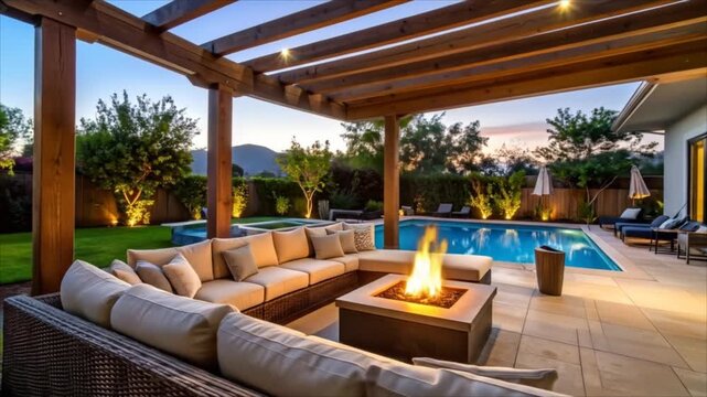 Outdoor patio area with pool and fire pit