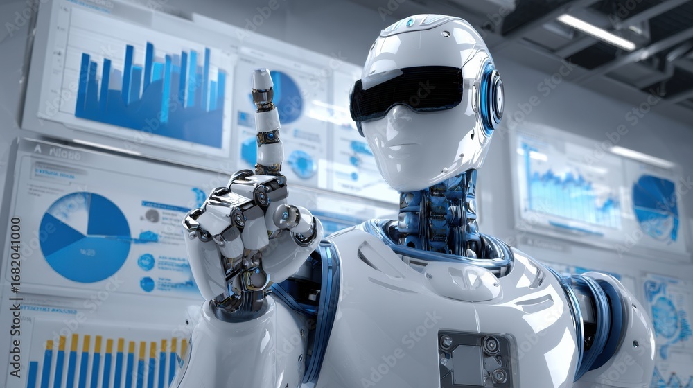 Poster a robot with sleek metallic features and dark sunglasses gestures while surrounded by multiple scree