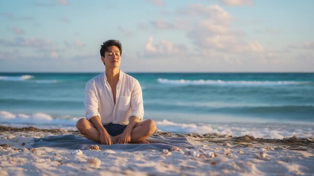 男性が夏の浜辺で穏やかに座り海を望む姿優しい光