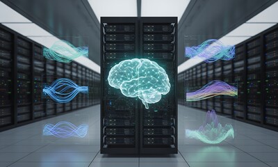 Digital Brain Network Server Room Visualization AI, Big Data, and Neural Networks Concept