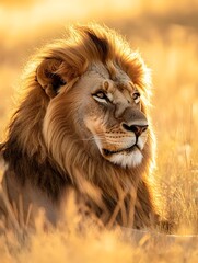 Fototapeta premium Majestic Lion in Serenely Dominant Pose: Wildlife Photography Capture at Golden Hour in Africa's Grassy Plains