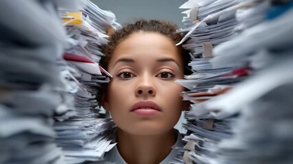 Overwhelmed with Paperwork: A woman's face peers out from a towering stack of documents, capturing the pressure and stress of overwhelming administrative work.