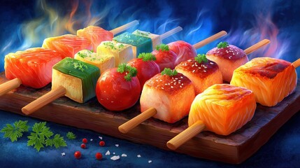 Sizzling street food delights featuring skewered seafood and vegetables urban market food photography nighttime culinary adventure