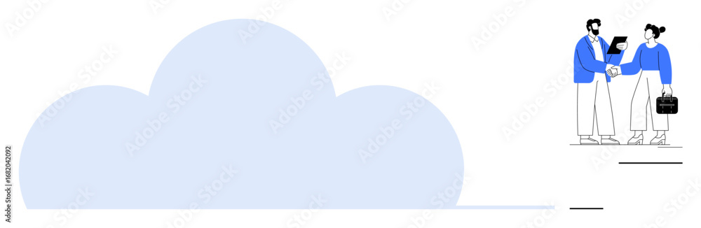 Aufkleber cloud formation with two team members exchanging documents and a briefcase. ideal for cloud computin