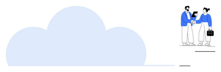 Cloud formation with two team members exchanging documents and a briefcase. Ideal for cloud computing, data sharing, teamwork, digital collaboration, technology, file storage, business. Simple flat