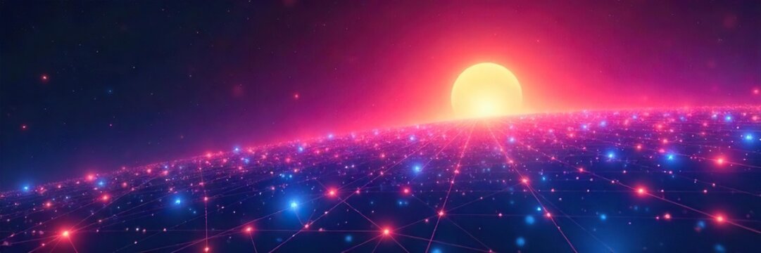 Abstract network nodes connecting across a vibrant, stylized horizon, symbolizing global interconnectedness and expansive reach of a futuristic communication system , abstract, technology, data
