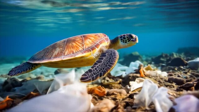 Sea turtle in polluted ocean environment