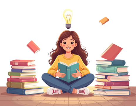 Girl Surrounded by Books, Smiling with Educational Inspiration