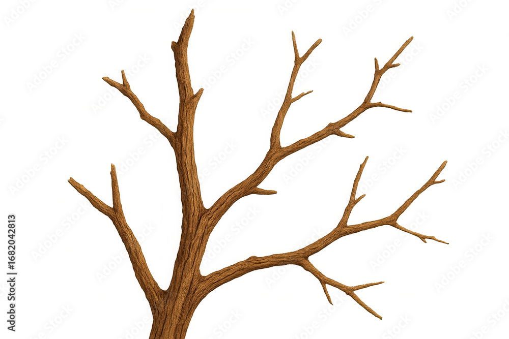 Poster bare tree branch reaching skyward, revealing delicate bark texture and branching pattern on clean wh