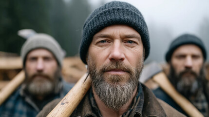 Lumberjacks in foggy forest with axes for logging and teamwork concept