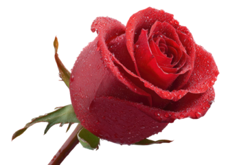 Close-up of a vibrant red rose, dew-kissed,  with a deep center