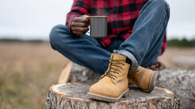 Relaxed lumberjack enjoying coffee outdoors in cozy autumn setting