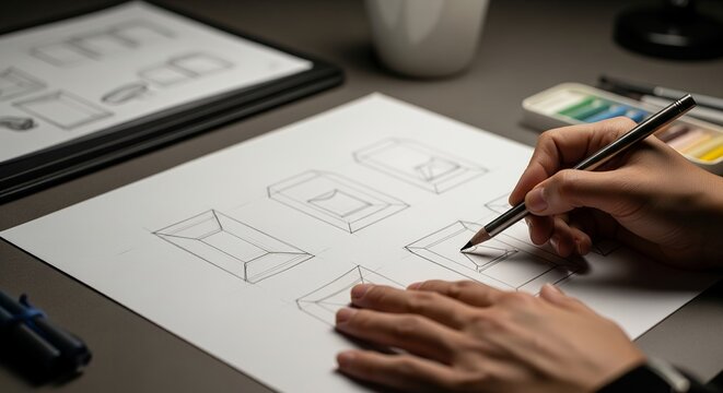 Hands sketching product packaging design on paper, close up view