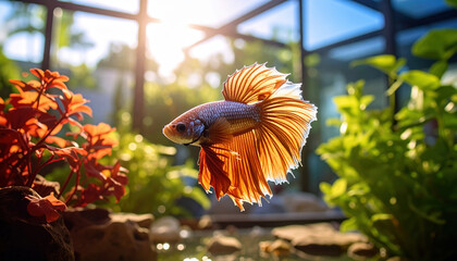 Betta fish aquarium orange sunlight aquatic plant tropical fish water pet nature colorful