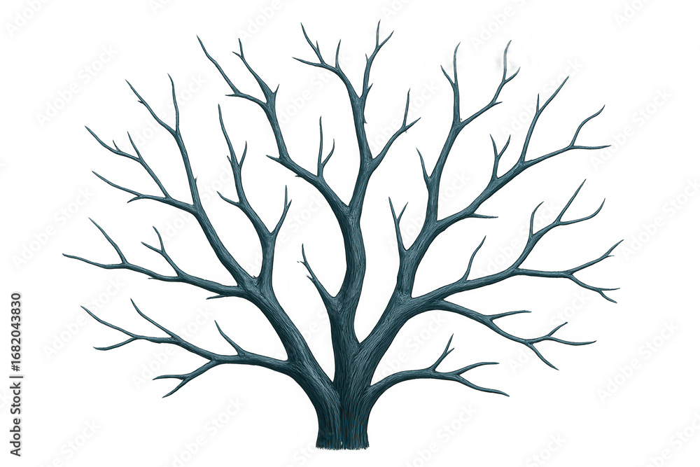 Poster minimalist digital rendering showing bare tree branches stretching skyward, creating stark silhouett