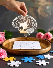 Hand holds a brain puzzle piece over a wooden tray