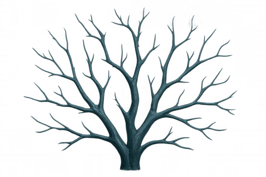 Minimalist digital rendering showing bare tree branches stretching skyward, creating stark silhouette against transparent background