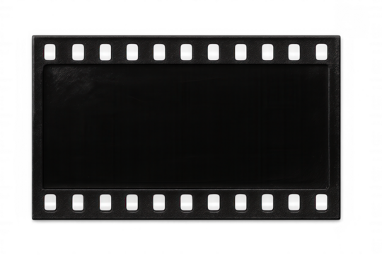 Black empty film strip frame isolated on transparent background, ideal for adding custom images or text