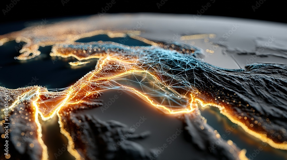 Poster abstract earth view from space with glowing lines depicting connections or networks.