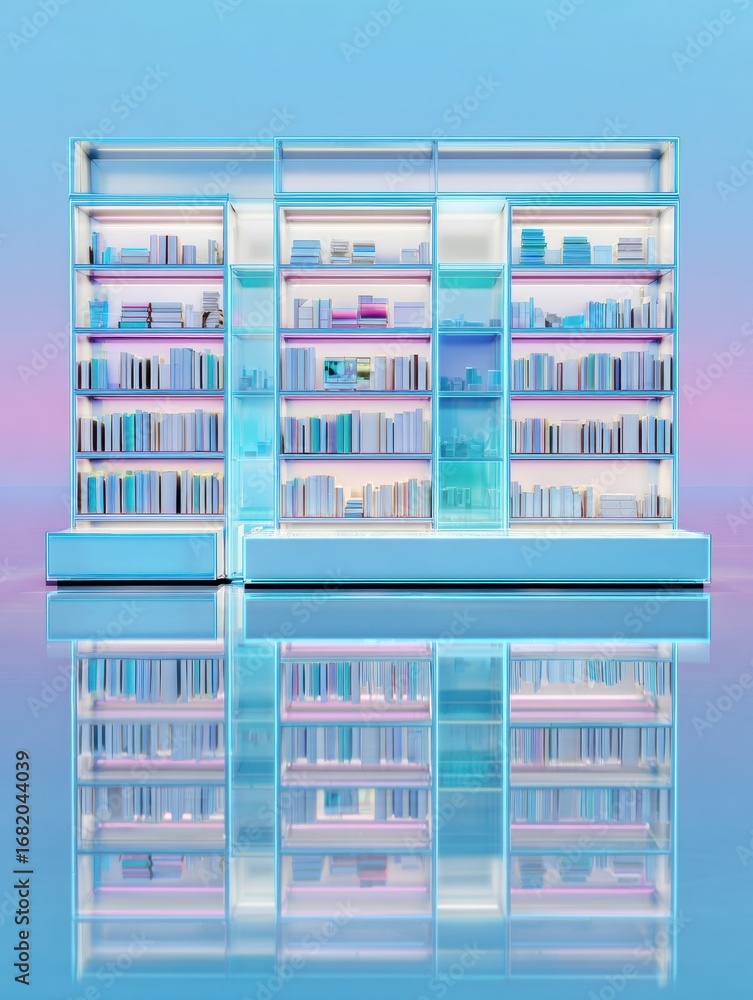 Poster Modern Bookshelf Display With Colorful Books and Illuminated Shelves Set Against a Pastel Background During Evening Light