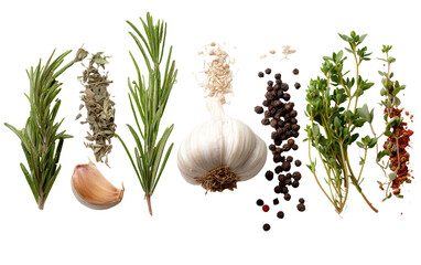 Aromatic herbs and spices arranged in a horizontal row.  Fresh rosemary, thyme, and other leafy greens, alongside garlic bulbs and peppercorns