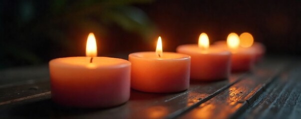 Serene Candlelight Glow Flickering Flames on Dark Wood, Perfect for Relaxation and Meditation